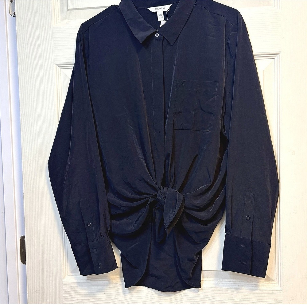 Nine West Shirt Front Tie Button Down Long Sleeve XXL EUC Classic Oversized